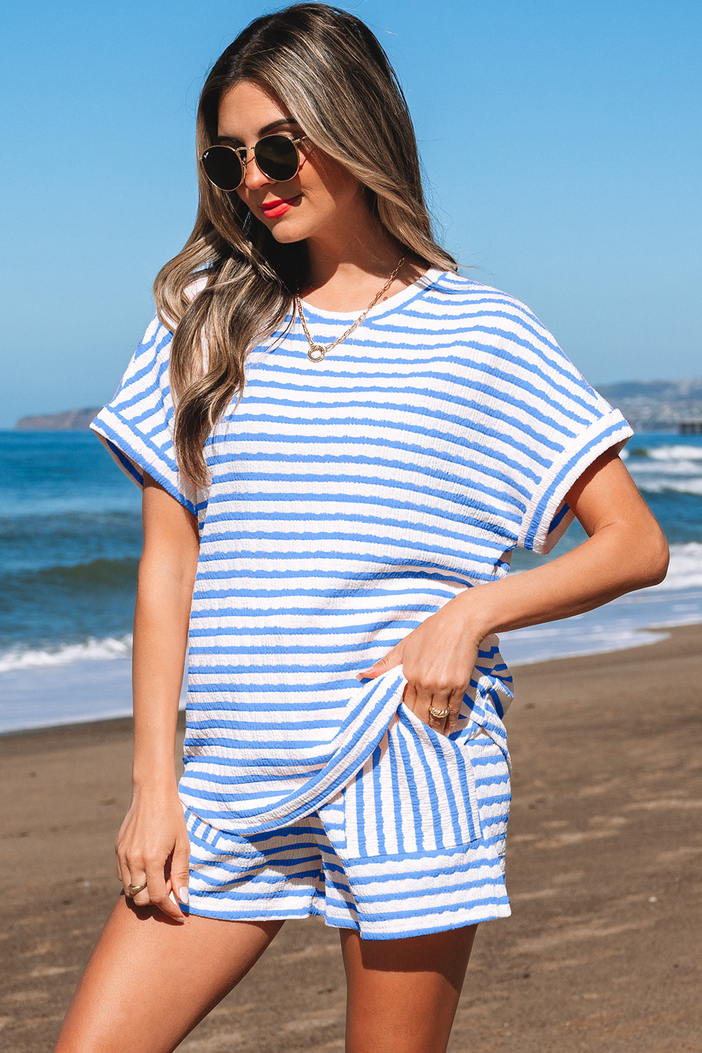 Black Stripe Knitted Short Sleeve Top and Drawstring Shorts Set
