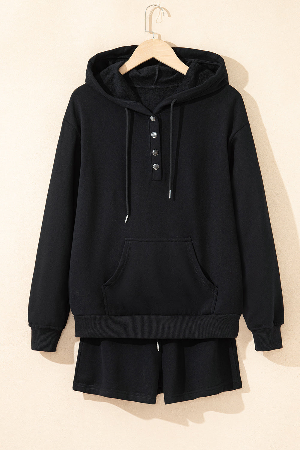 Navy Blue Button Drawstring Hooded Pullover and Casual Short Set