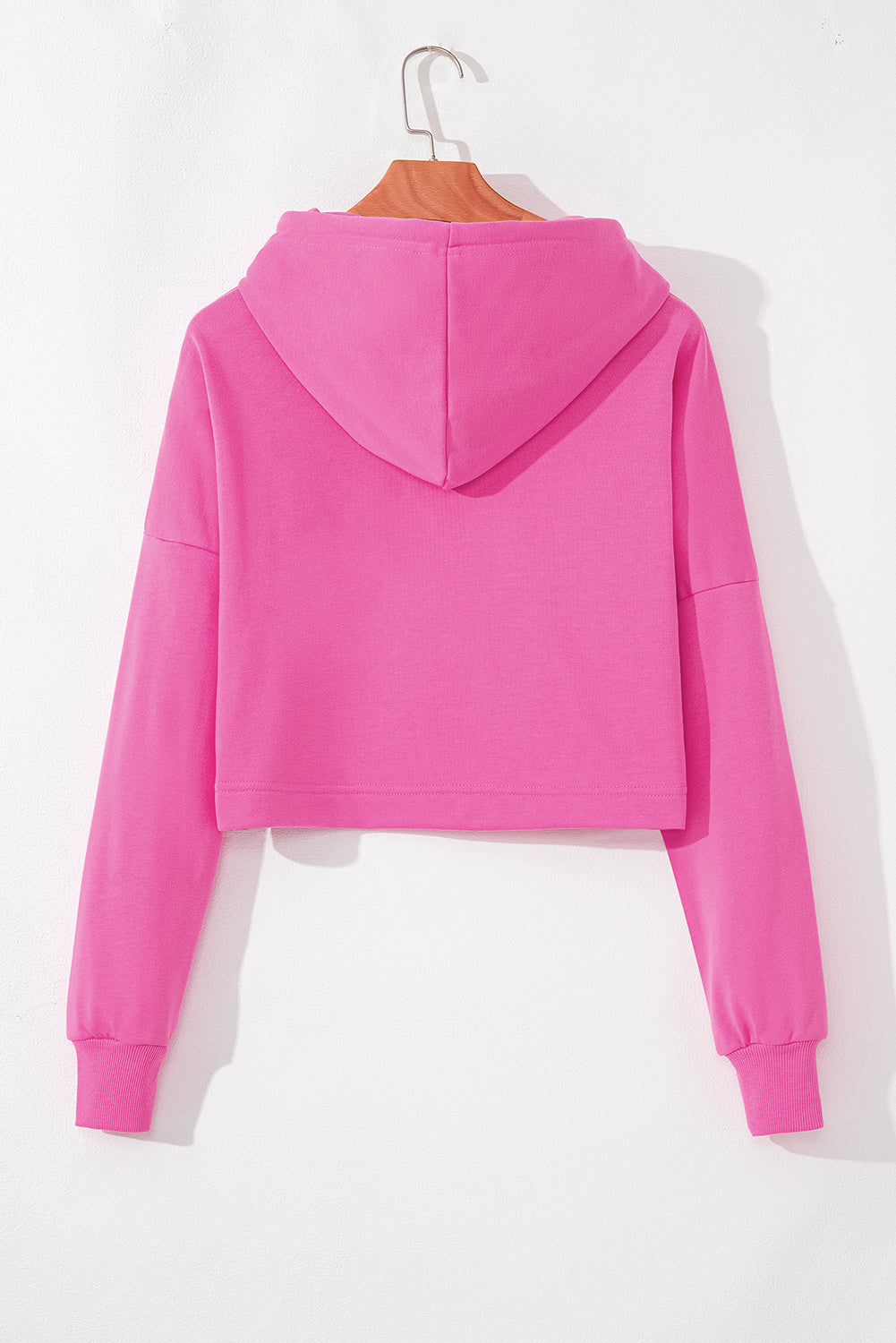 Black Solid Drop Shoulder Drawstring Cropped Hoodie