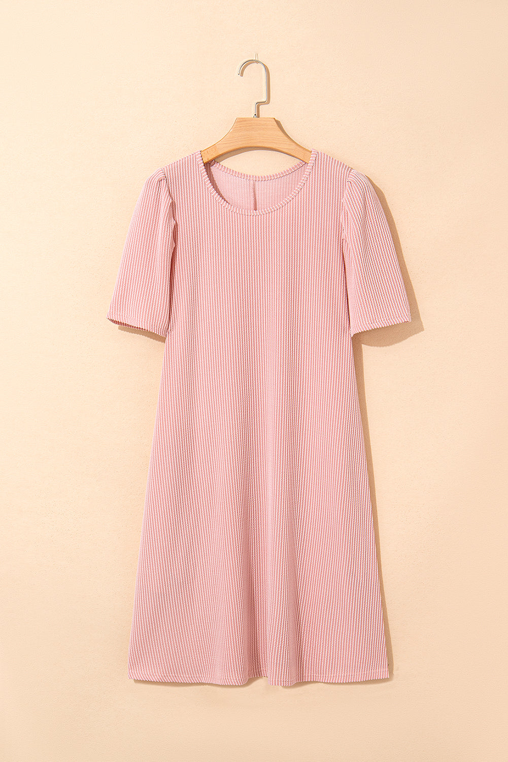 Parchment Corded Knit Crew Neck Puff Sleeve Shift Mini Dress