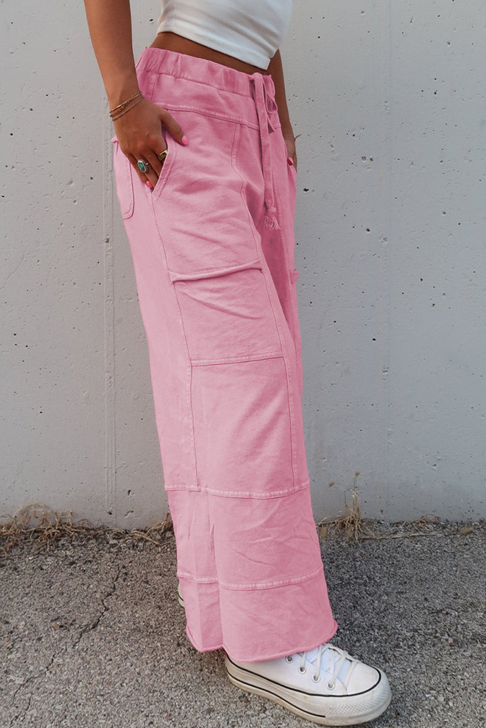 Black Mineral Wash Exposed Seam Drawstring High Waist Wide Leg Cargo Pants