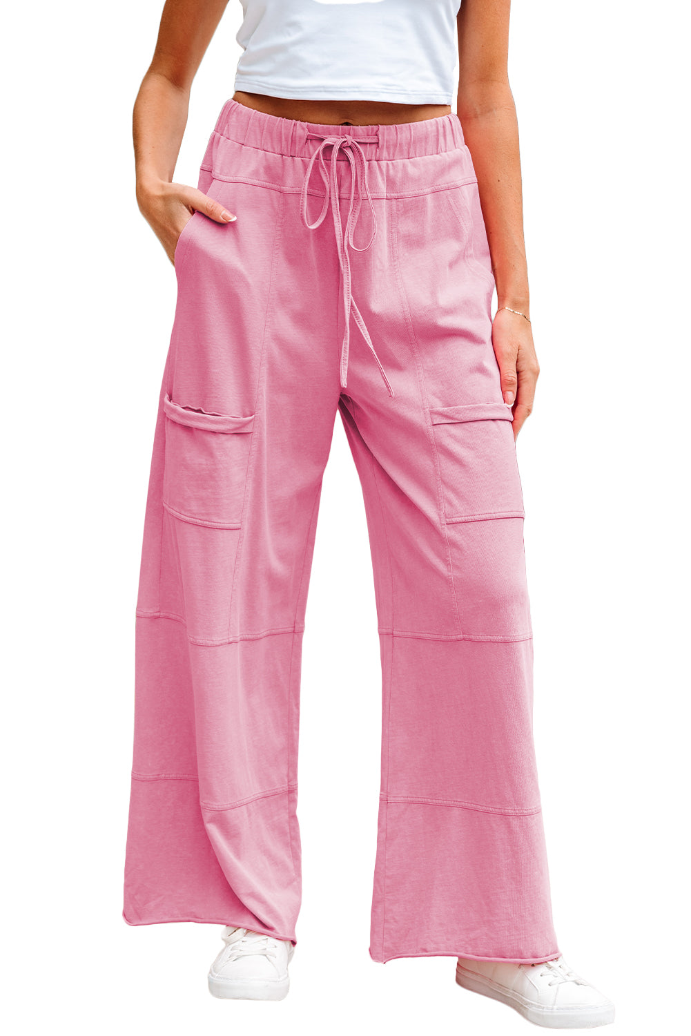Black Mineral Wash Exposed Seam Drawstring High Waist Wide Leg Cargo Pants