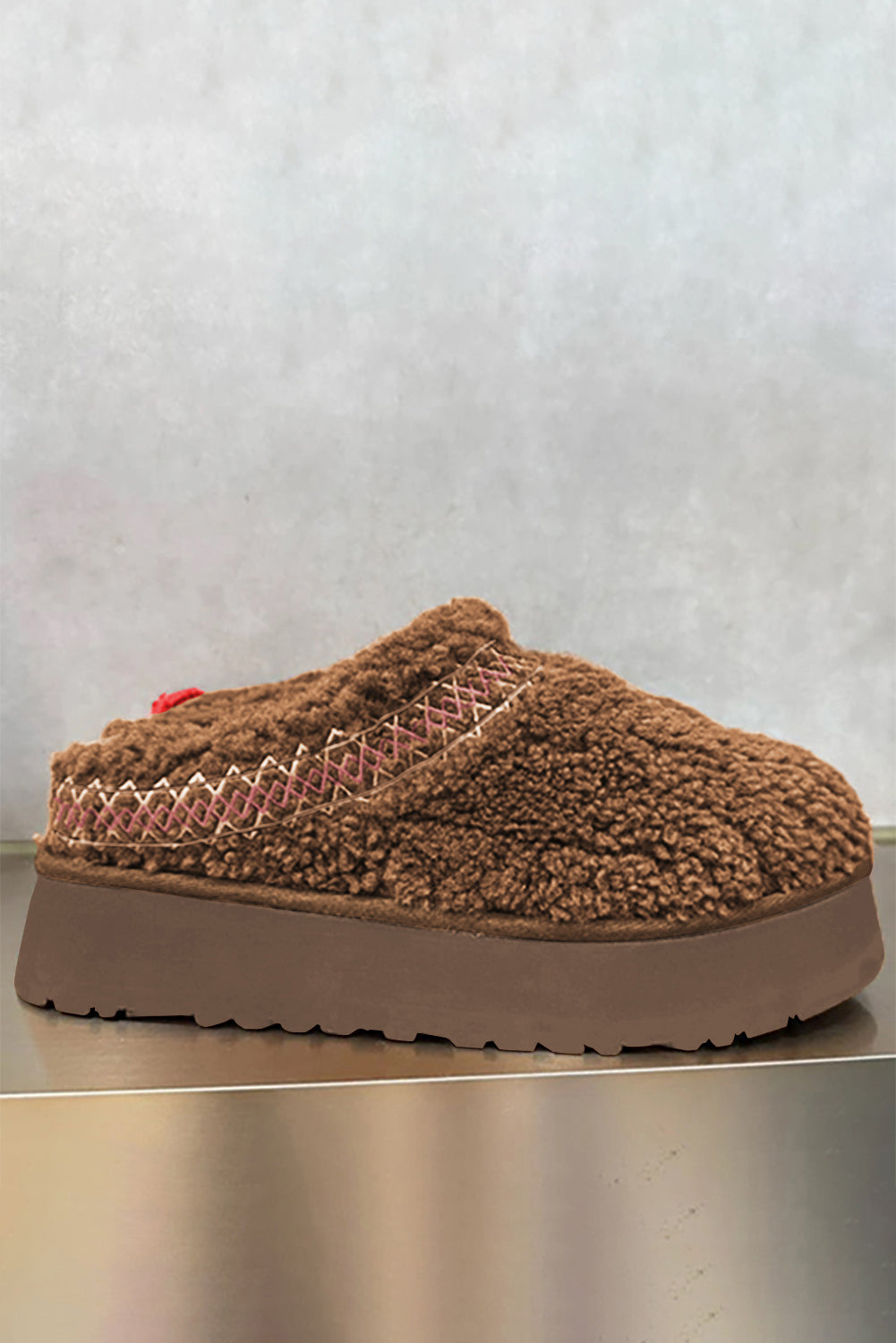 Chestnut Embroidered Sherpa Plush Thick Sole Shoes