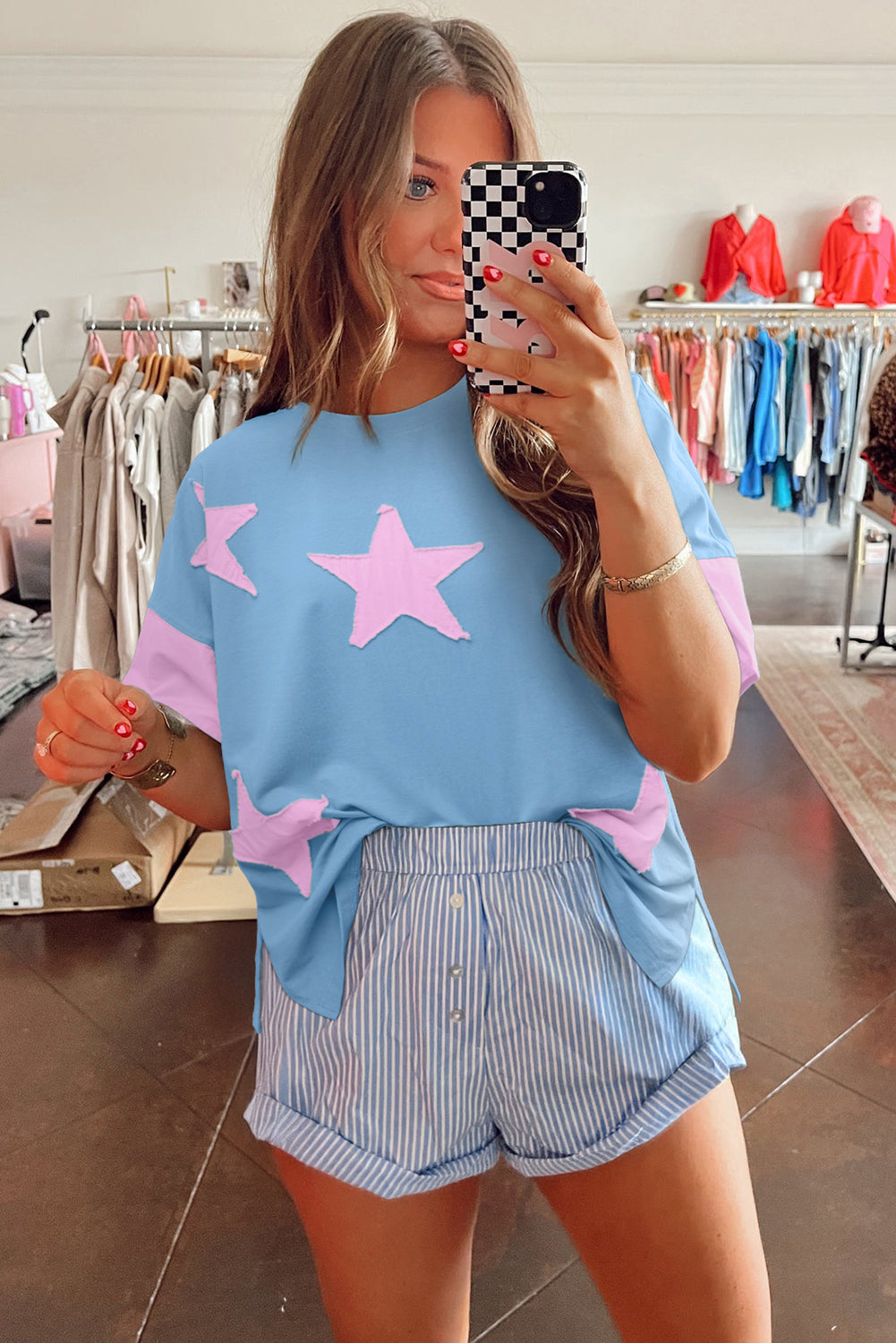Aruba Blue Frayed Denim Star Patched Oversize T Shirt