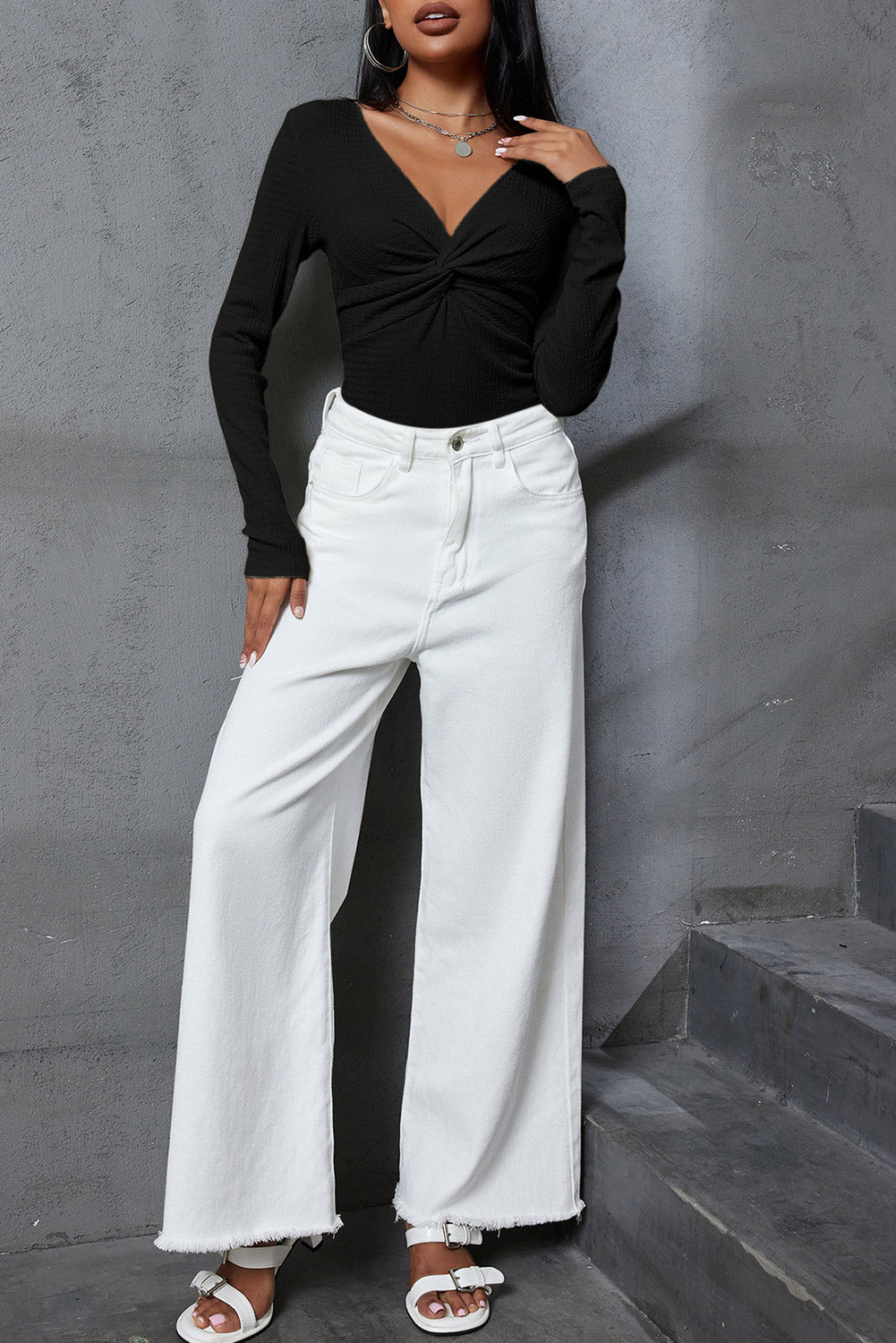 Orange Textured Twist Front V Neck Long Sleeve Slim Solid Color Top