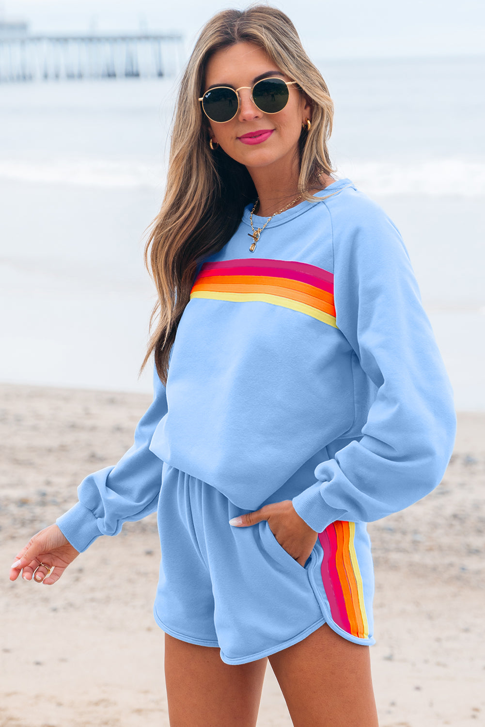 Black Striped Accent Pullover and Shorts Two Piece Casual Set