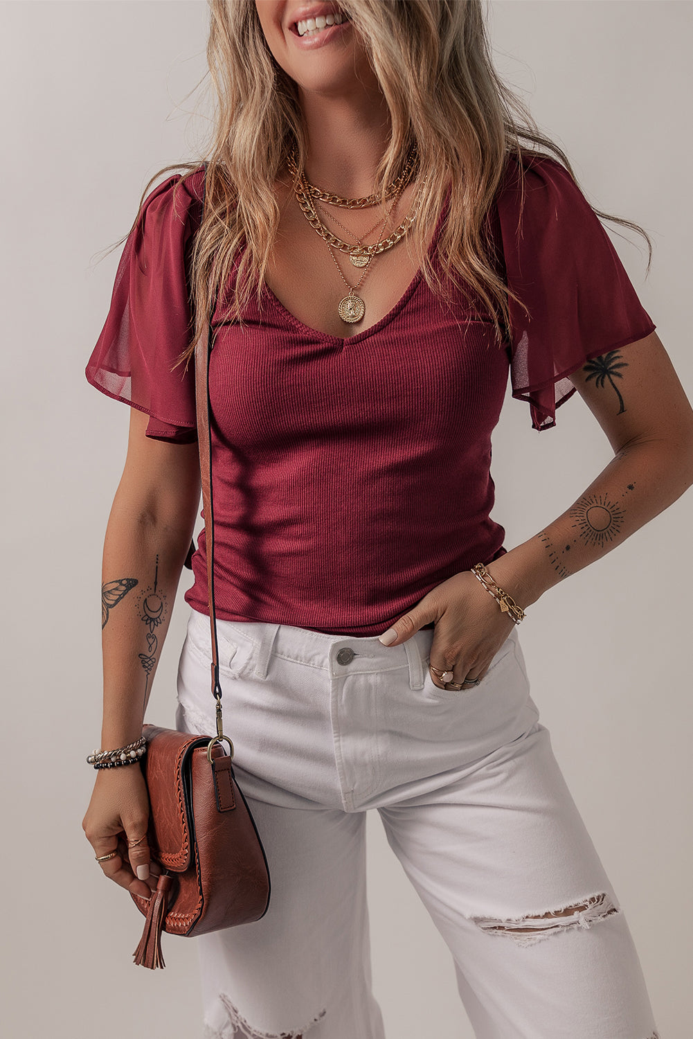 Black Mesh Ruffled Sleeve Slim Fit V Neck Top