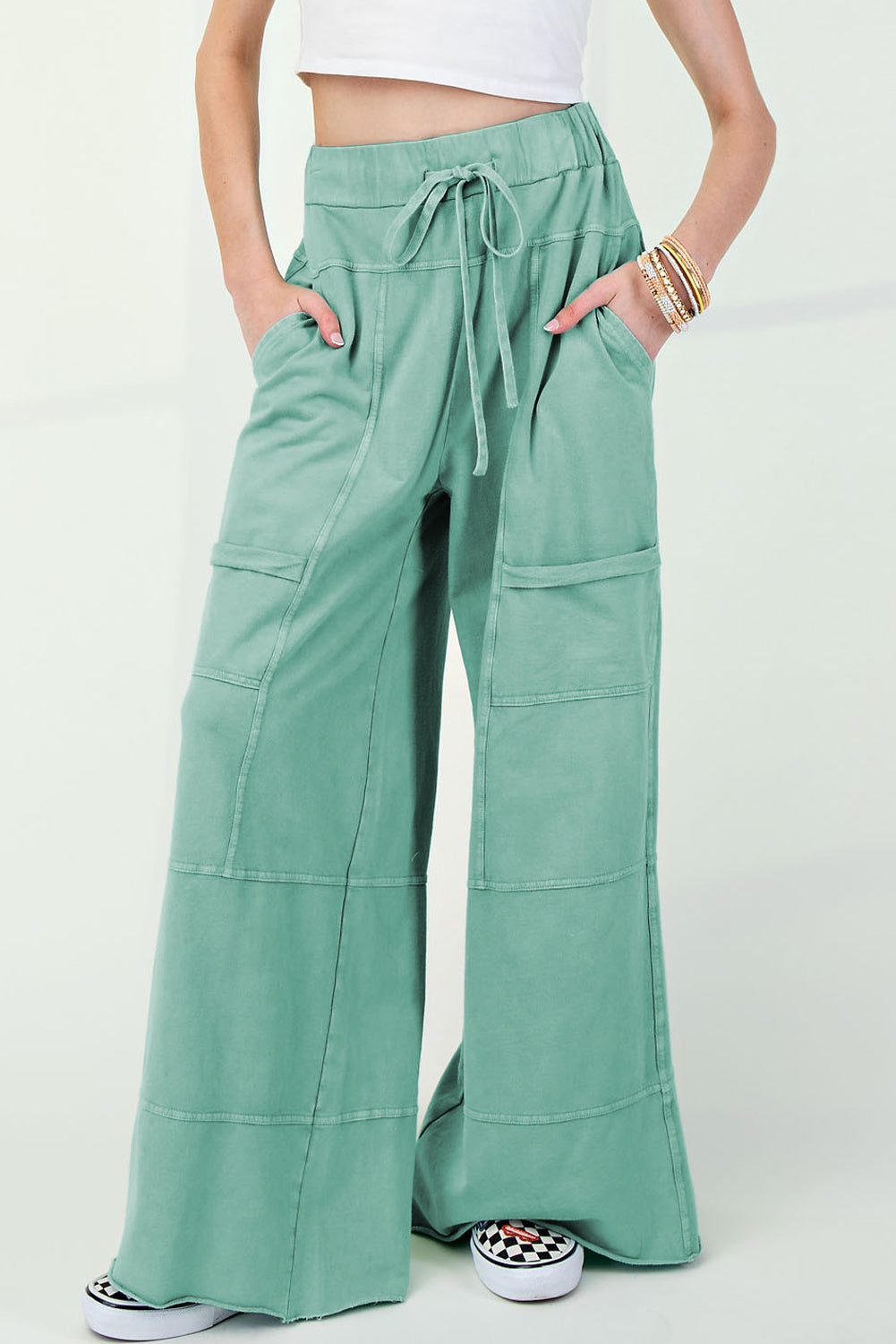 Black Mineral Wash Exposed Seam Drawstring High Waist Wide Leg Cargo Pants