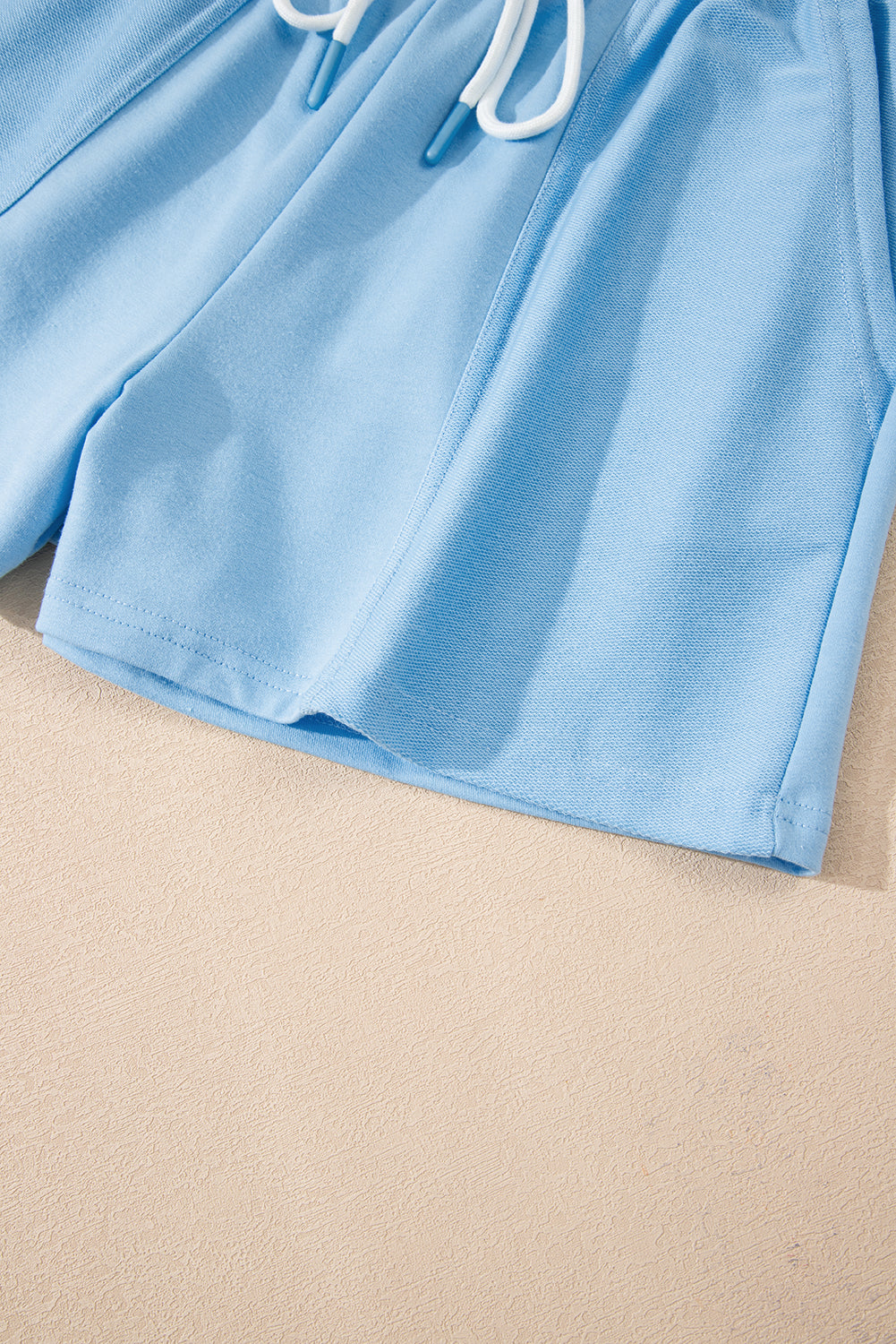 Mint Green V Neck Drop Shoulder Tee and Patchwork Drawstring Shorts Set