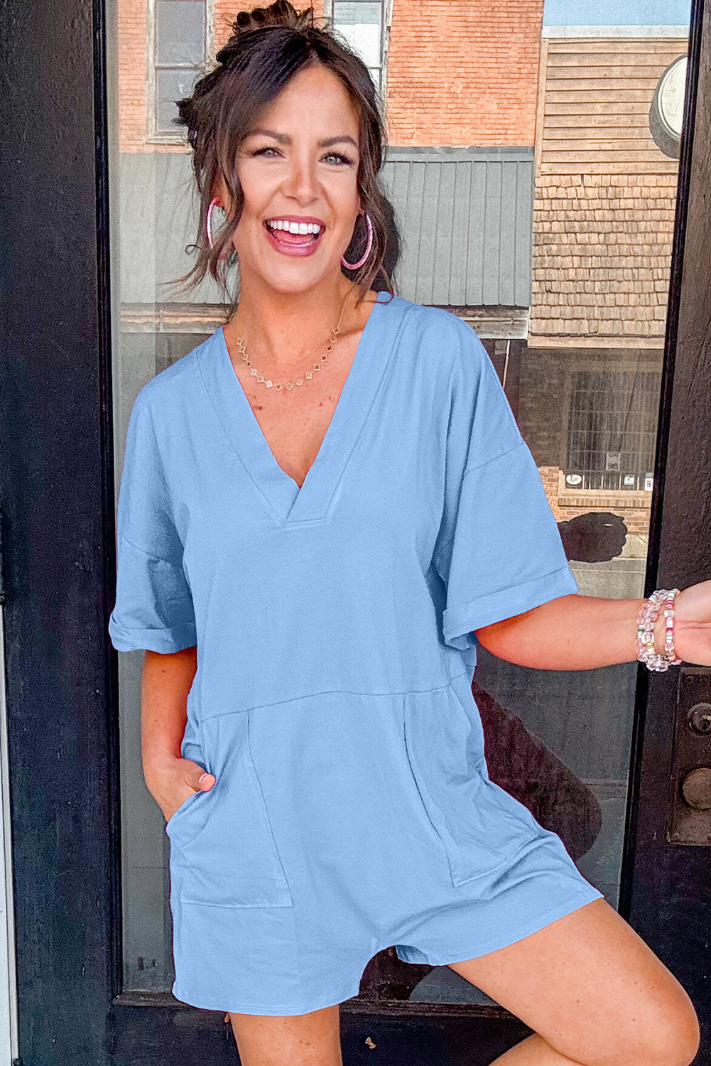 Grass Green Loose Half Sleeve V Neck Knit Romper