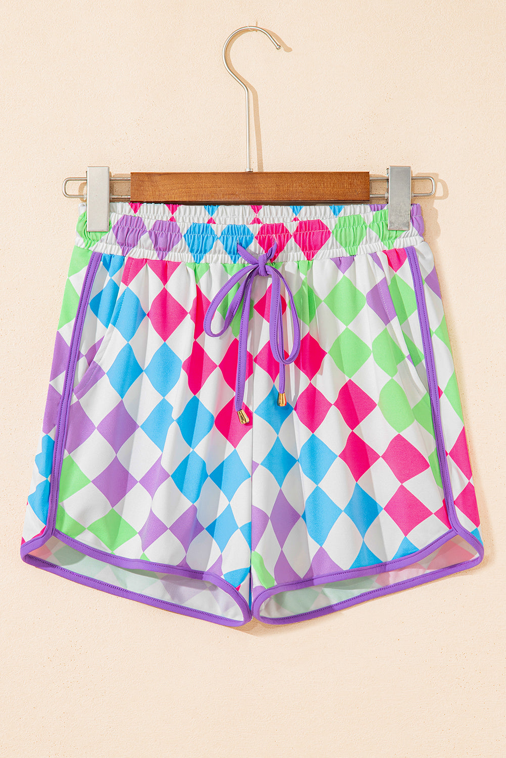 Black Checkered Drawstring Elastic Waist Casual Shorts