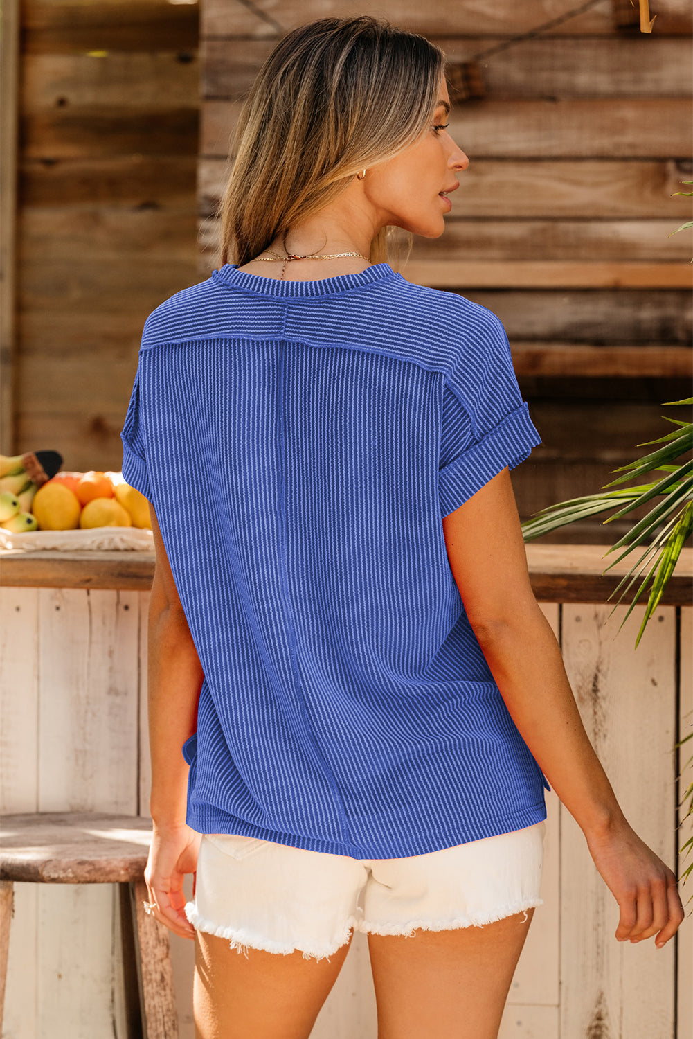 White Textured Knit Exposed Stitching T-shirt