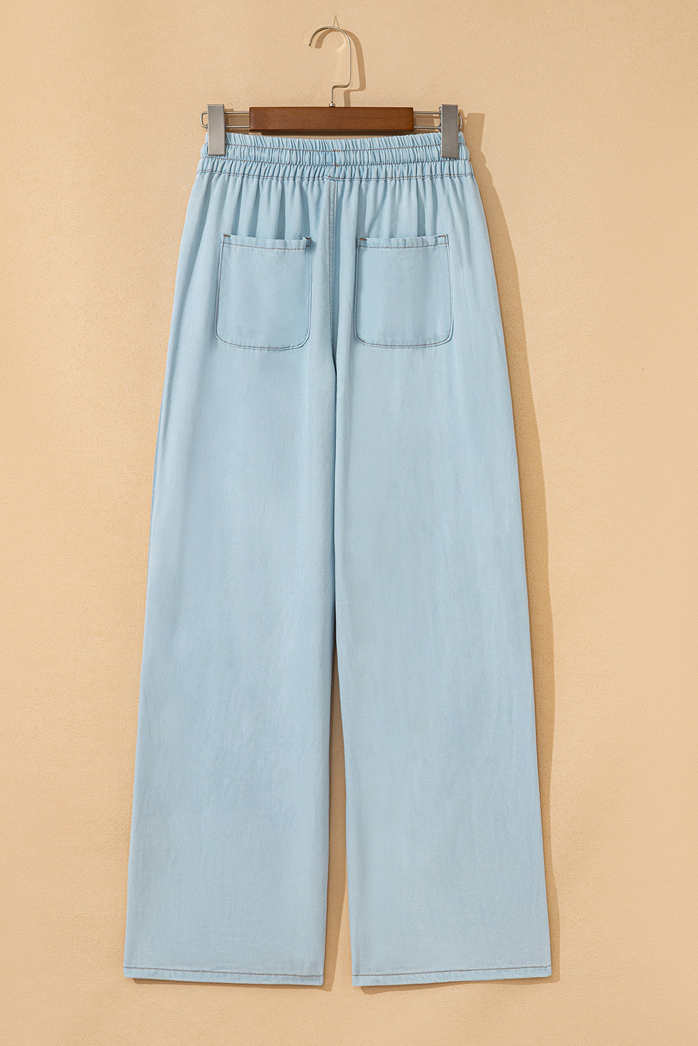 Beau Blue Light Wash Contrast Trim Center Seam Drawstring High Waist Wide Leg Denim Pants