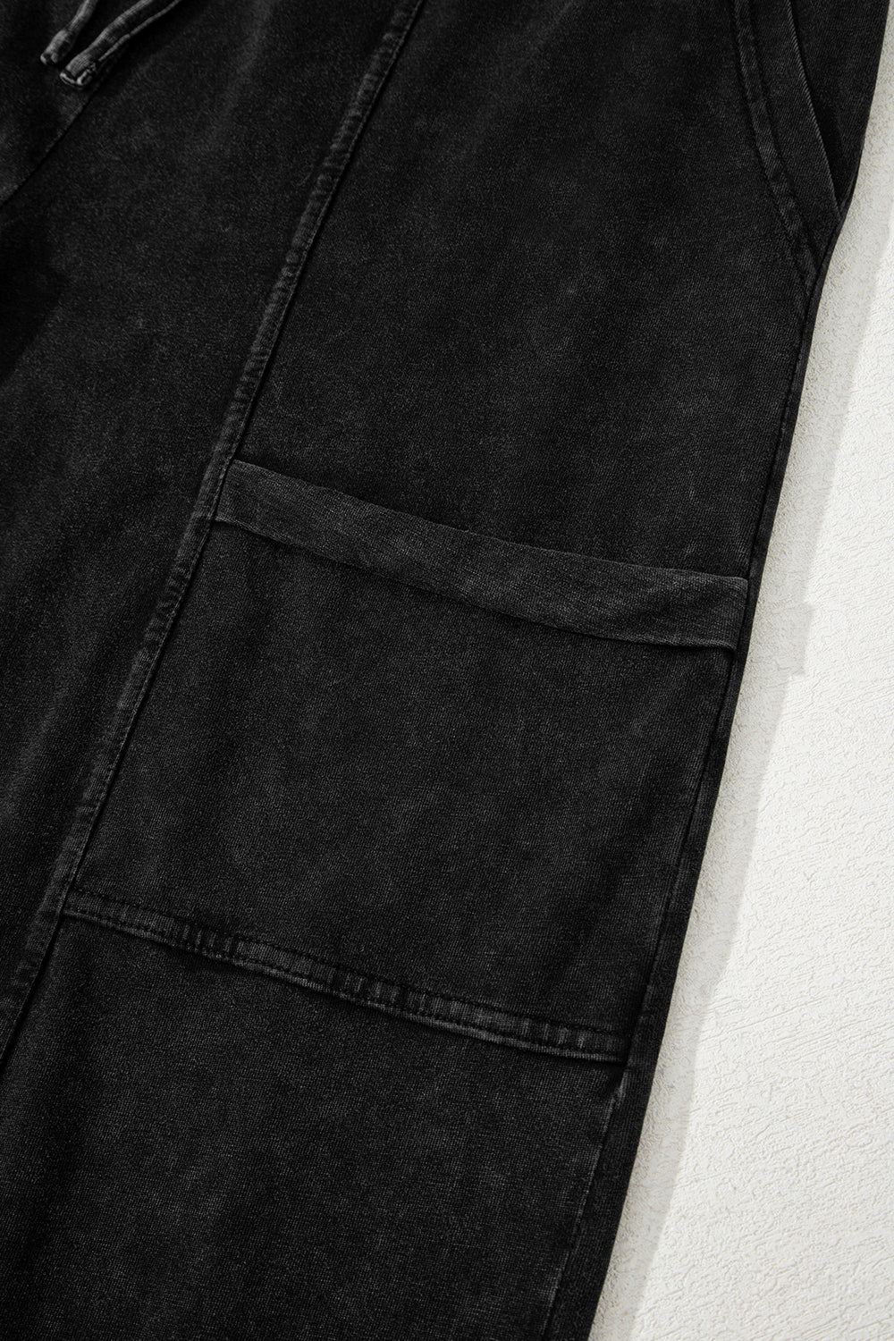 Black Mineral Wash Exposed Seam Drawstring High Waist Wide Leg Cargo Pants