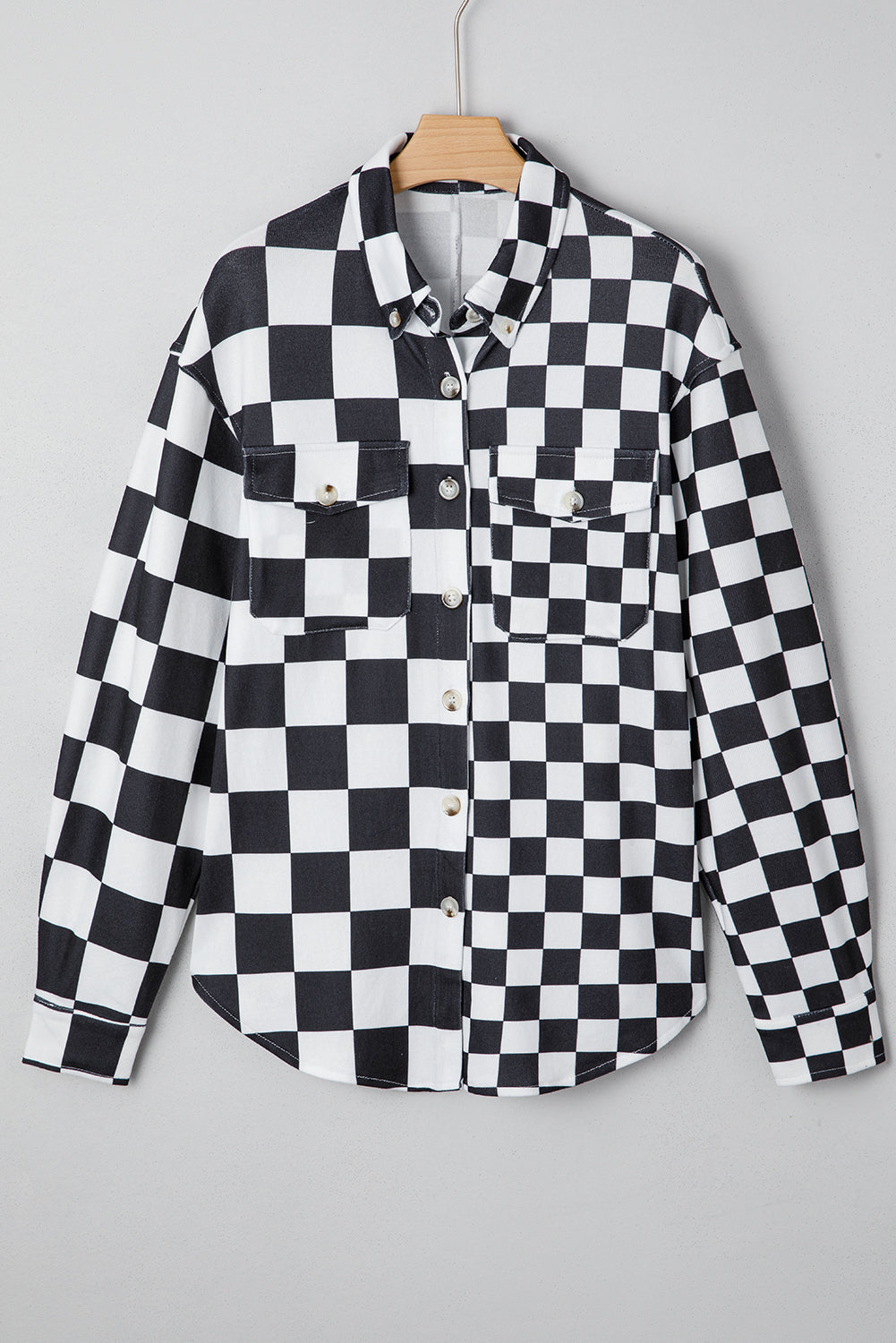 Green Checkerboard Flap Pocket Button Front Shacket