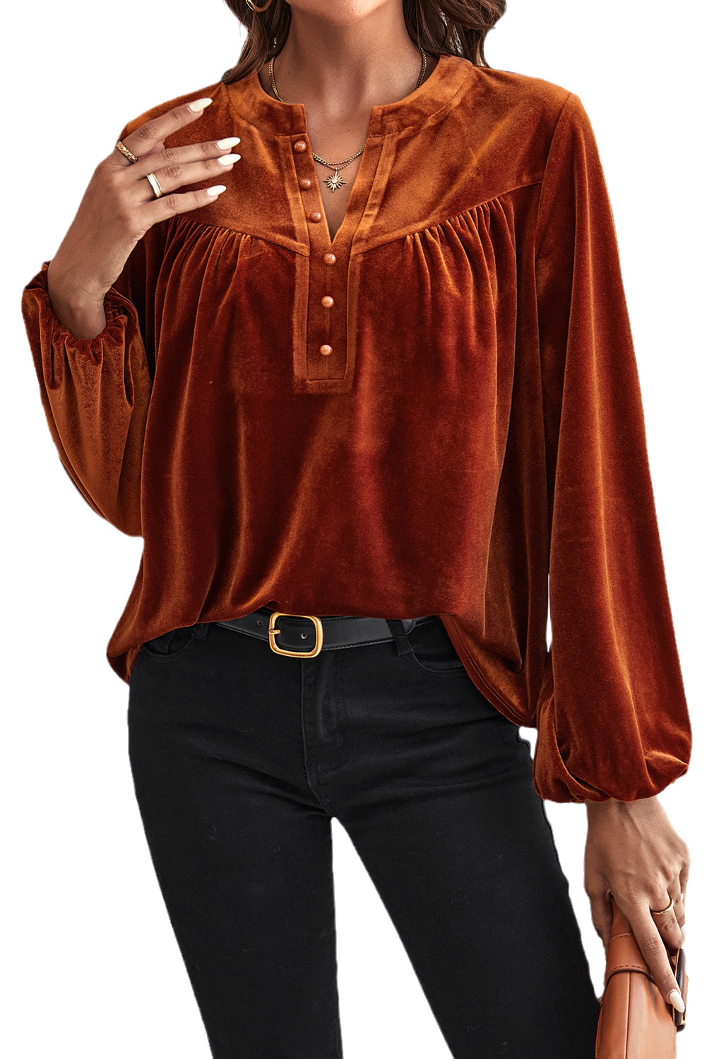 Gold Flame Lantern Sleeve V Neck Velvet Top