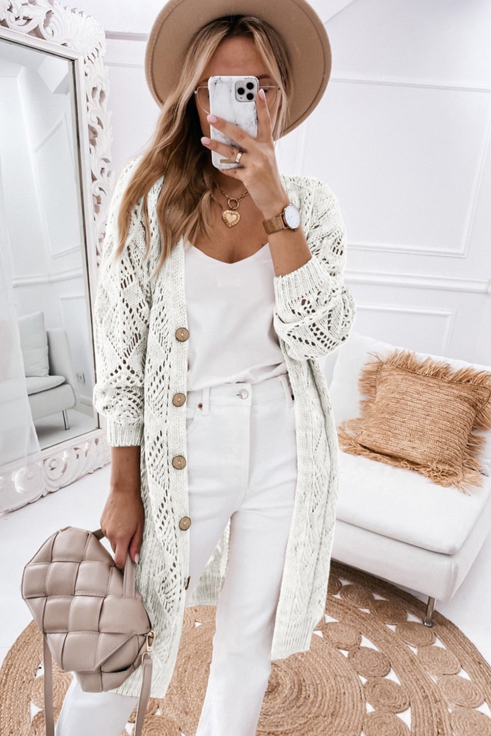 Gray Hollow-out Openwork Knit Cardigan