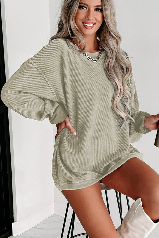 Green Ribbed Knit Pullover Sweatshirt