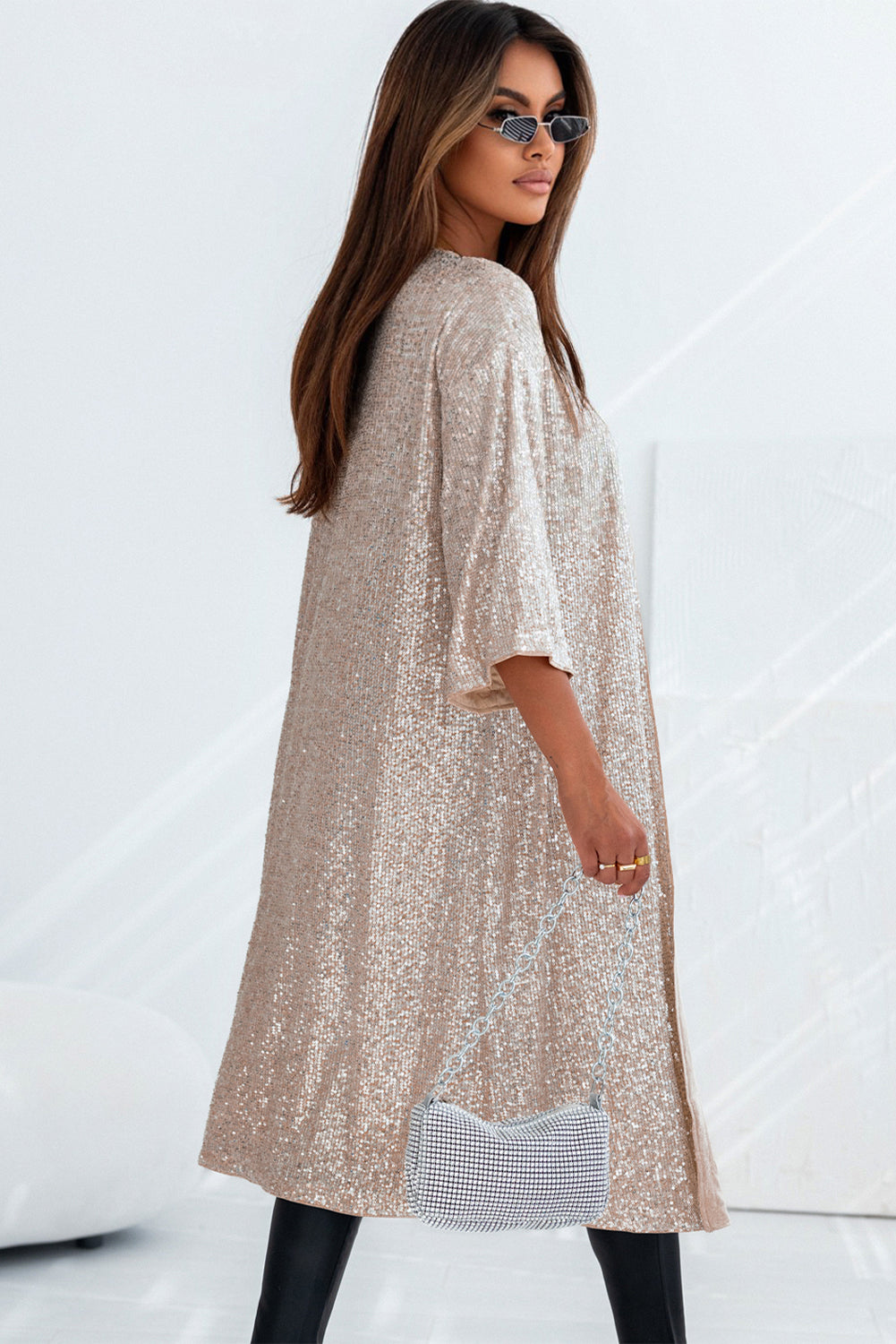 Apricot Sequin 3/4 Sleeve Open Front Duster Kimono