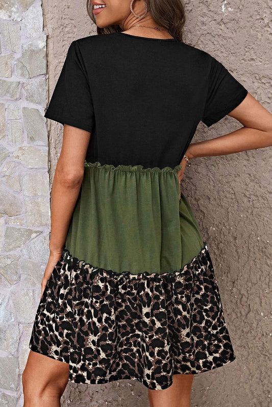 Jungle Green Leopard Print Frill T-shirt Dress