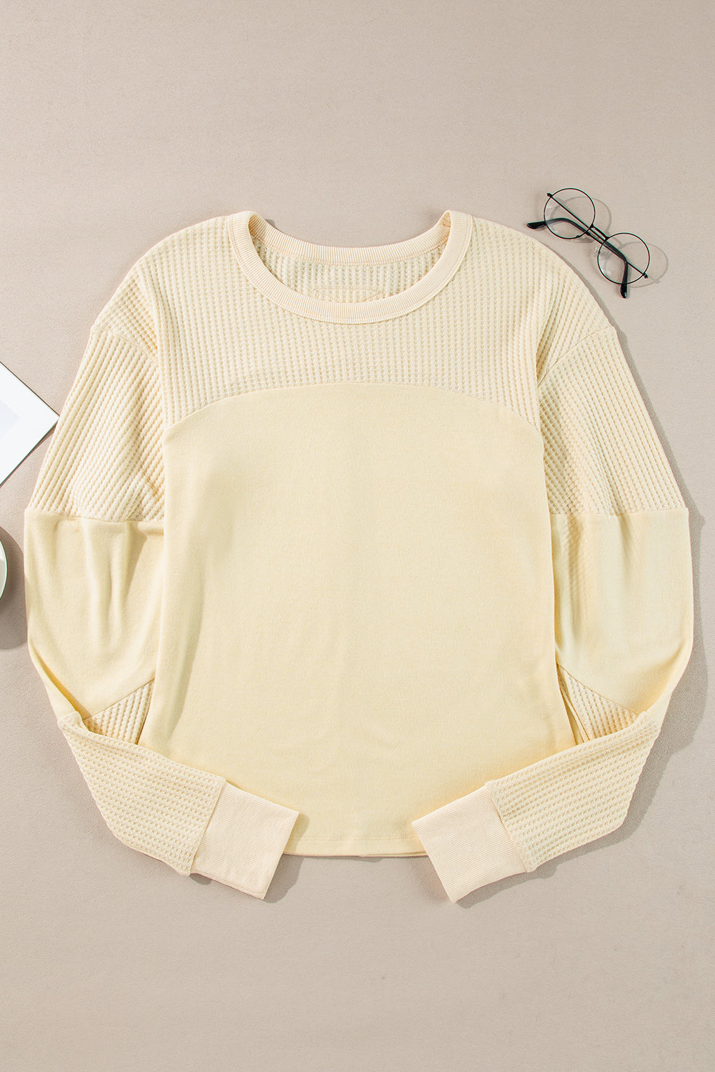 Beige Thermal Knit Patchwork Exposed Seam Long Sleeve Top