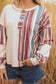 Beige Striped Waffle Patchwork Exposed Seam Raw Edge Casual Knit Top
