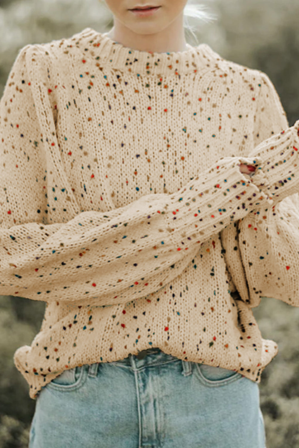 Beige Colorful Confetti Dots Cable Knit Crew Neck Sweater