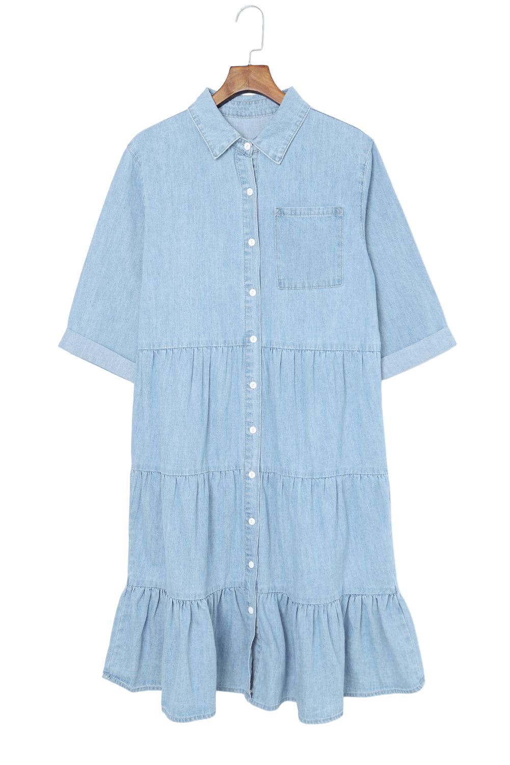 Sky Blue Ruffled Denim Full Buttoned Midi Dress