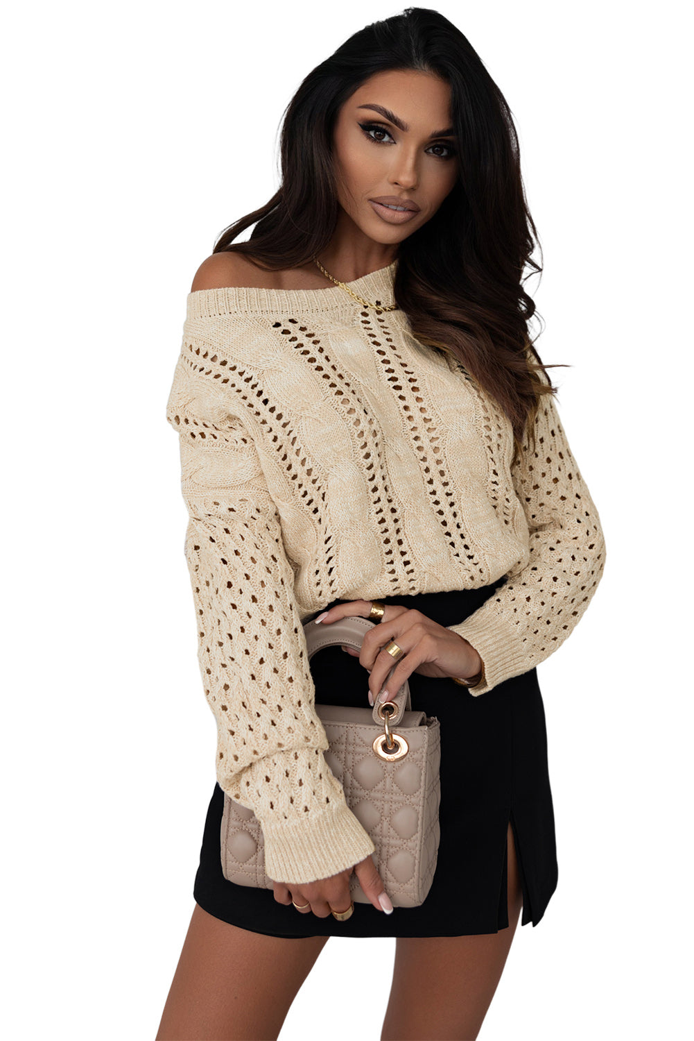 Khaki Cable Knit Drop Shoulder Sweater