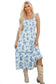 Sky Blue Floral Print Shirred Knot Shoulder Sleeveless Long Dress