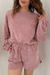 Dark Brown Solid Color Textured Knit Drop Shoulder Pullover Drawstring Shorts Set