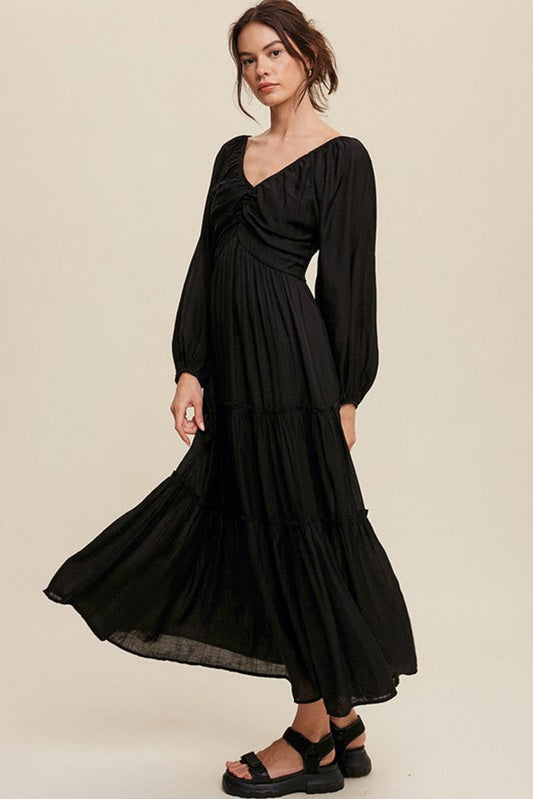 Black V Neck Frill Tiered Maxi Dress