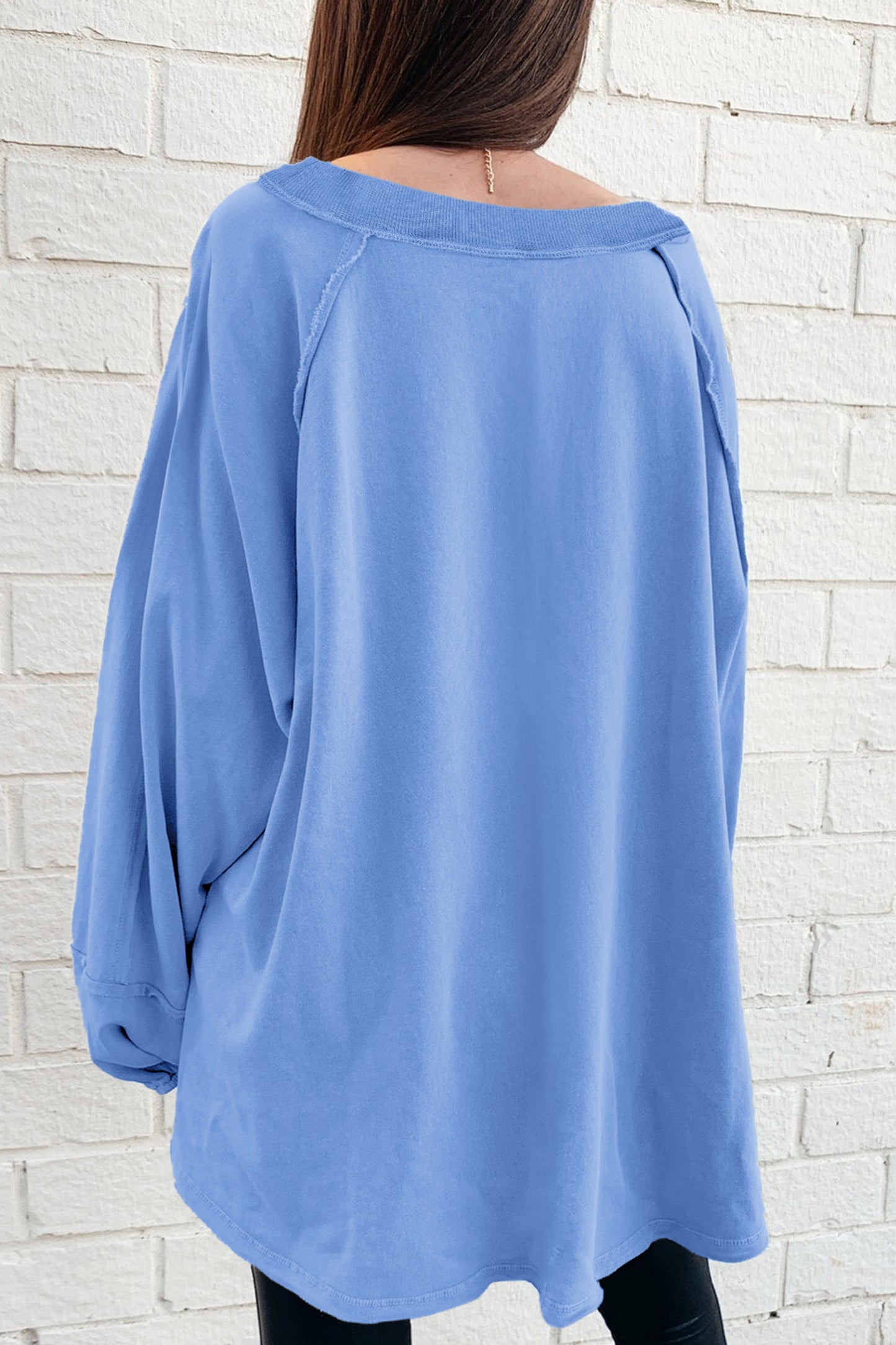 Beau Blue Solid Color Raw Seam Patchwork Baggy Sweatshirt