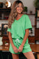 Mint Green V Neck Drop Shoulder Tee and Patchwork Drawstring Shorts Set