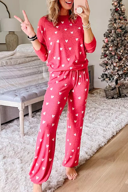 Fiery Red Heart Print Pants Set