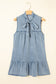 Real Teal Bowknot Neck Sleeveless Ruffled Chambray Dress