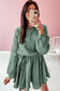 Jungle Green Button Neck Puff Sleeve Belted Pleated Mini Dress