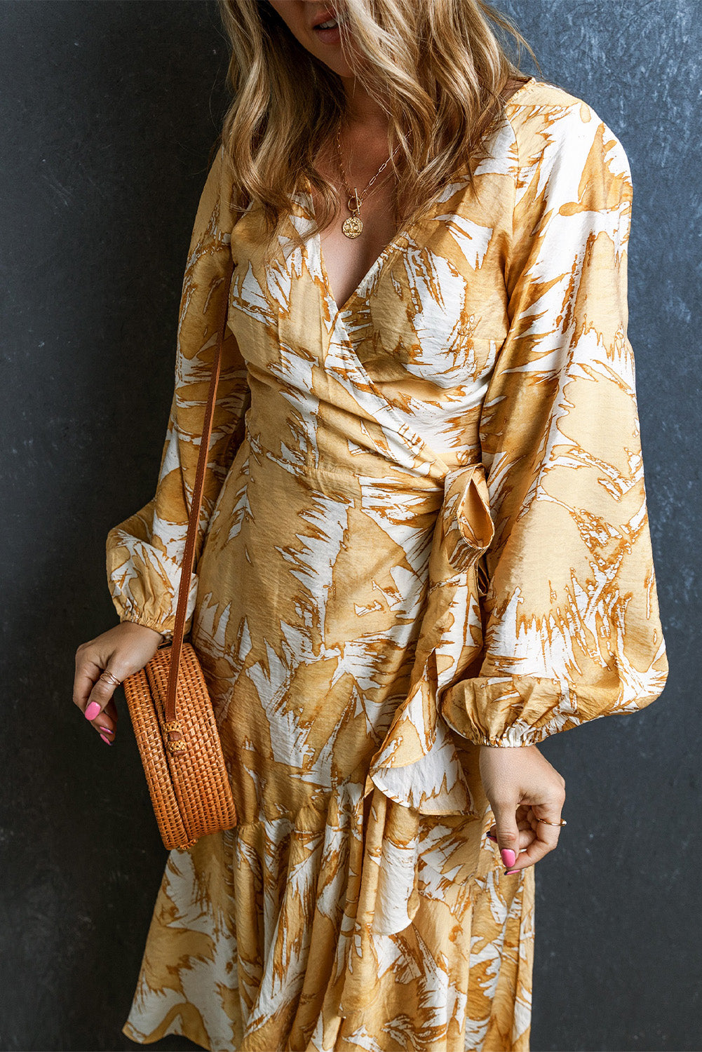 V Neck Wrap Lace up Bubble Sleeve Yellow Floral Dress