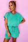 Sea Green Mineral Wash Drawstring Waist Hollow Out Back Short Sleeve Romper