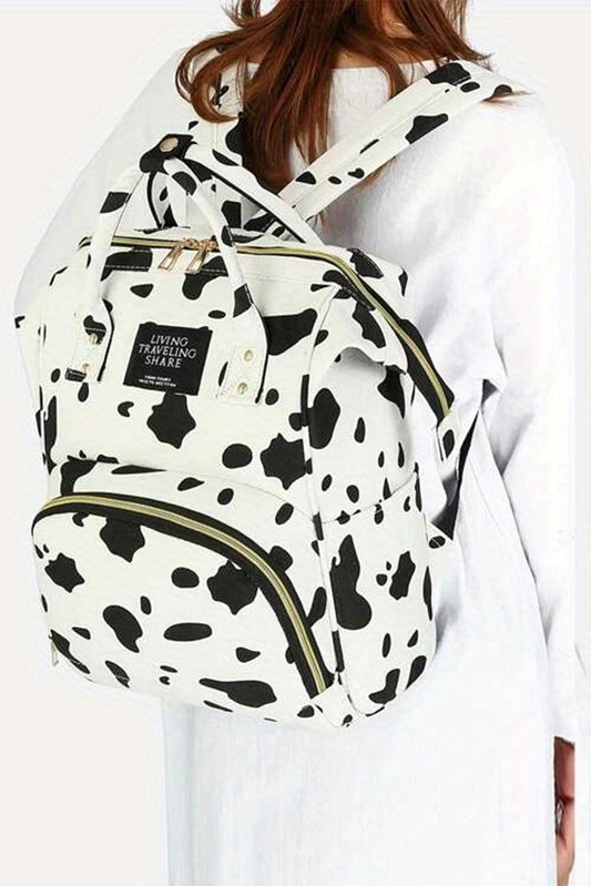 White Cow Print Multi Pocket Canvas Backpack