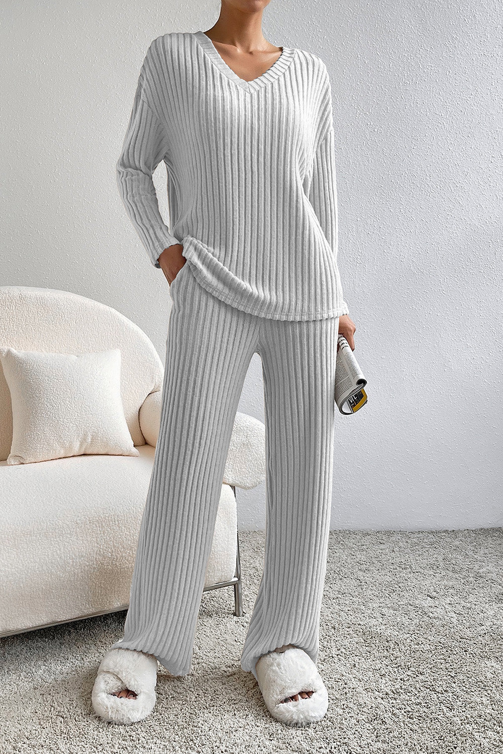 Light Grey Ribbed Knit V Neck Slouchy 2pc Outfit