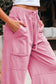 Black Mineral Wash Exposed Seam Drawstring High Waist Wide Leg Cargo Pants