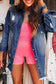 Beau Blue Mineral Wash Distressed Frayed Long Denim Jacket