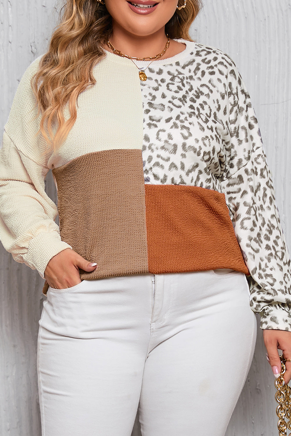 Ribbed Color Block Leopard Plus Size Top