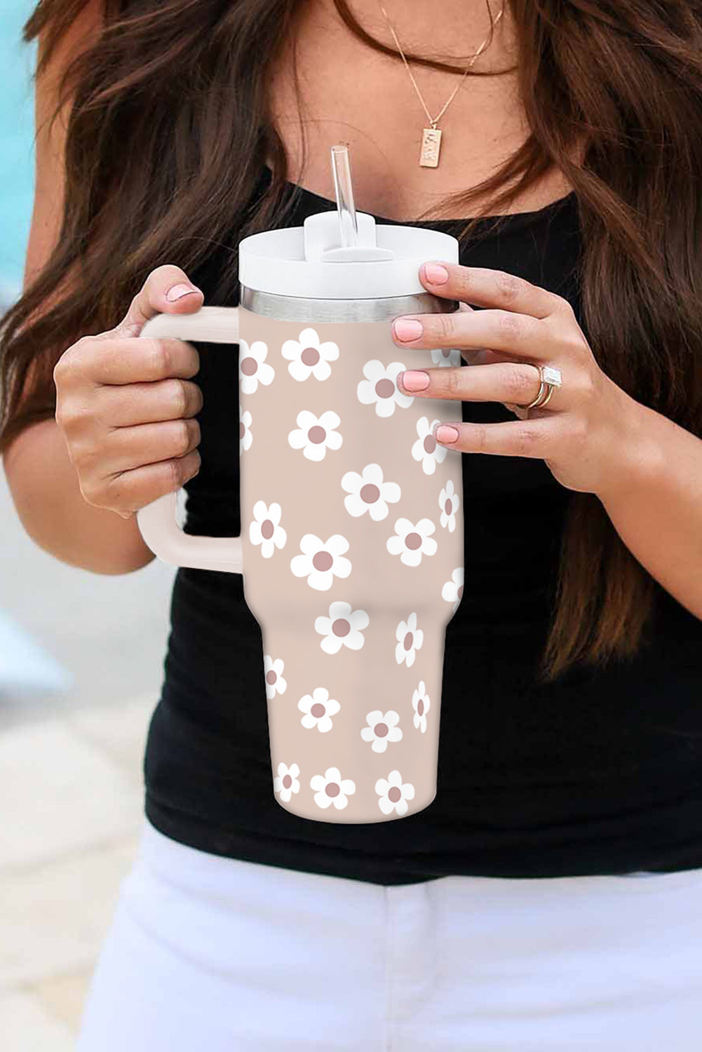 Floral Print Stainless Tumbler With Lid And Straw