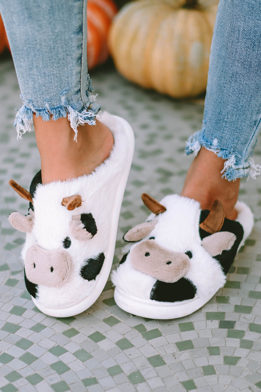 White Cartoon Animal Cow Plush Slippers