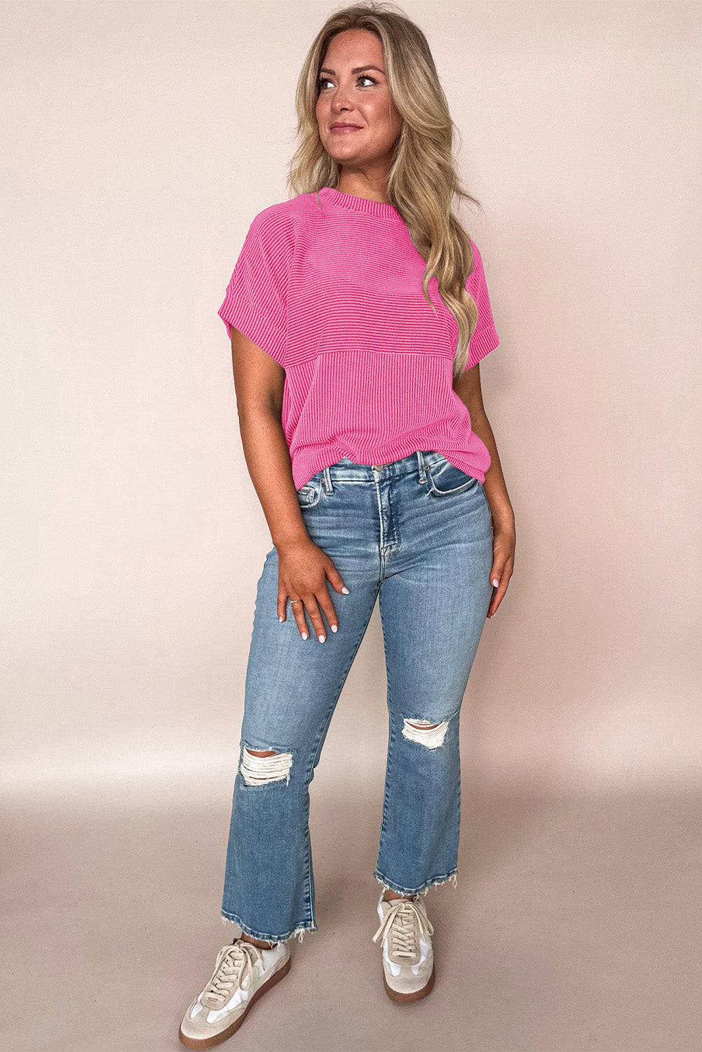 Myosotis Plain Corded Knit Mock Neck T Shirt