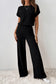 Black Ribbed Keyhole Short Sleeve Wide Leg Jumpsuit