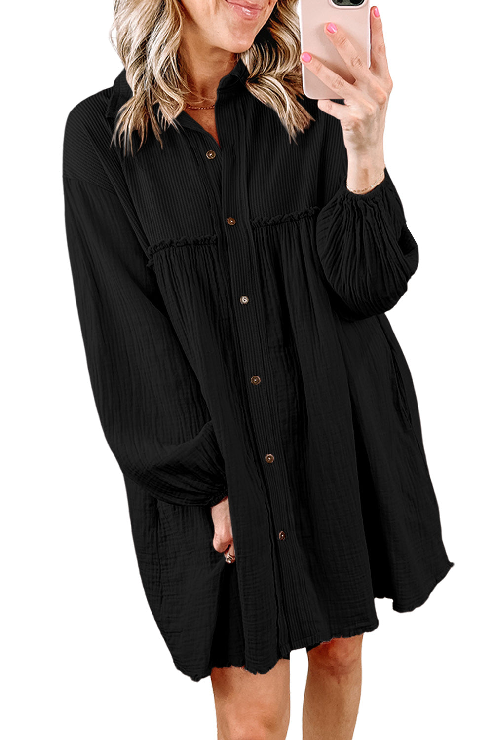 Black Patchwork Crinkle Puff Sleeve Shirt Dress