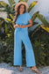 Smoke Gray Solid Corded Knit Short Sleeve T Shirt and Wide Leg Pants Set